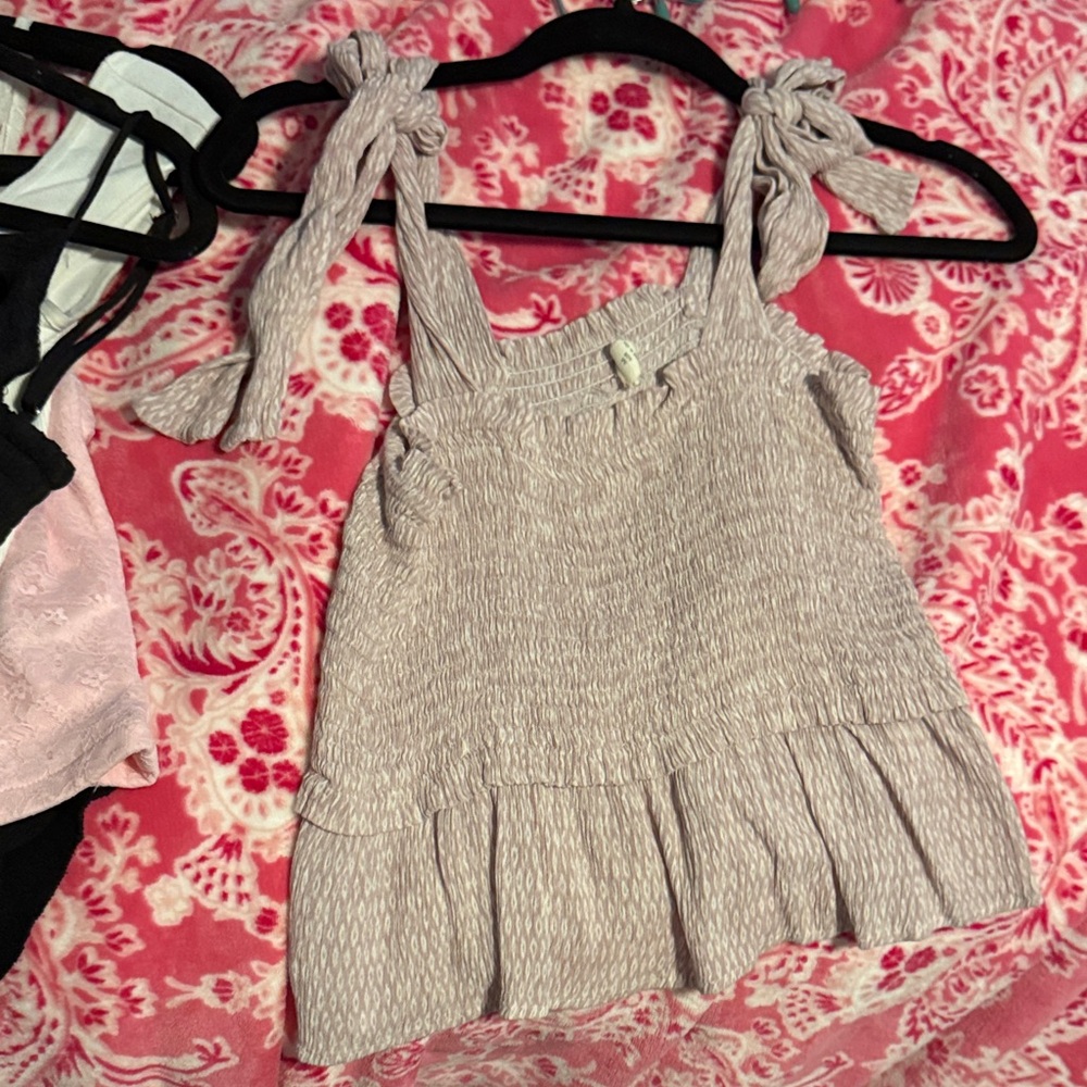 Tan and White Smocked Ruffled Crop Top